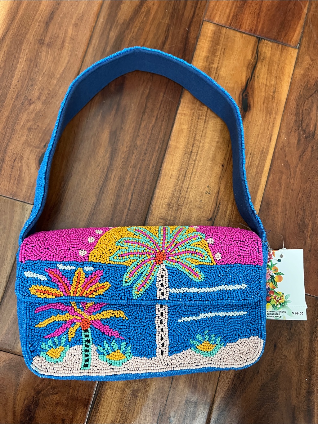 Bright Blue & Hot Pink Hand-Beaded Tropical Palm Beach Bag